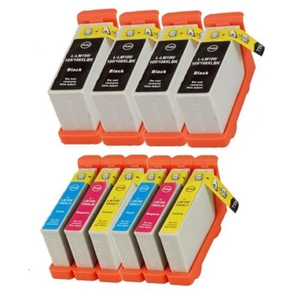 Compatible Lexmark 100XL 10-Set High Yield Ink Cartridges: 4 Black & 2 each of Cyan Magenta Yellow
