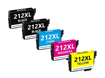 Remanufactured Epson 212XL 5-Set Ink Cartridges: 2 Black and 1 each of Cyan / Magenta / Yellow