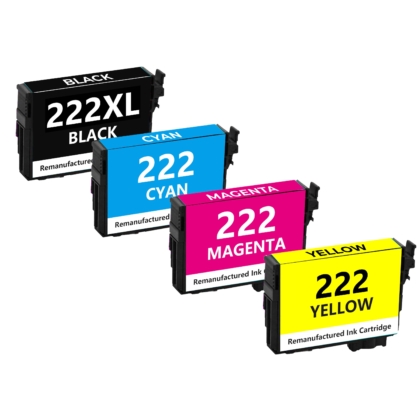 Remanufactured Epson 222XL 4-Set Ink Cartridges: 1 Black XL, 1 Standard Cyan, Magenta, Yellow