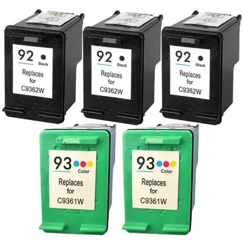 Remanufactured Replacement Set of 5 - 3 Black & 2 Color Ink Cartridges for HP 92 and HP 93