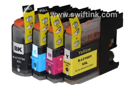 Compatible Brother LC107 / LC105 4-Set Super High-Yield Ink Cartridges: 1 each of Black / Cyan / Magenta / Yellow